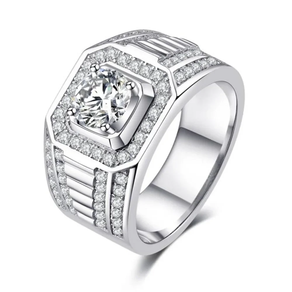 🎀 Fever Square Glitter Zircon Silver Chunky Wedding Rings for Man, PD663